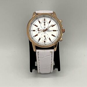 Geneva Ladies Fashion Quartz Watch Round Rose Gold Tone Faux White Leather Band